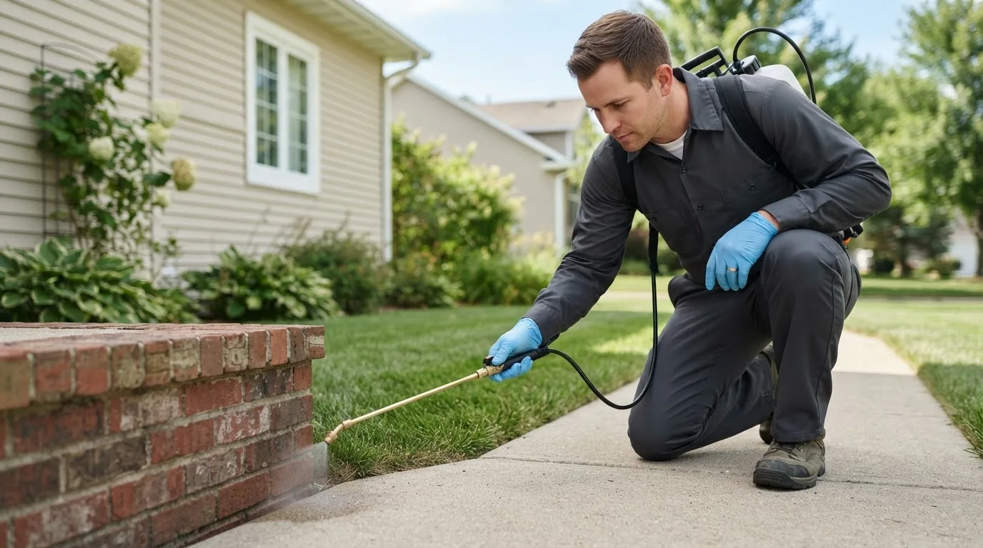 Pest control technician treating a home near Lost Springs, KS