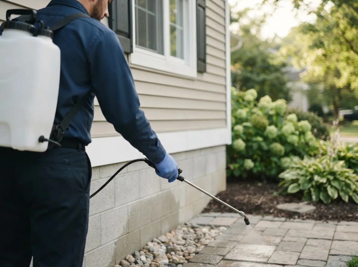Pest control technician inspecting a home in Lost Springs, KS